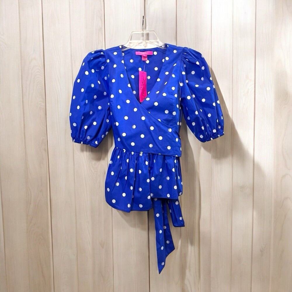 NEW Lilly Pulitzer Kara Cotton Wrap Top 0 Blue Grotto Hotter Spot